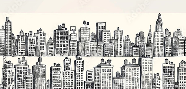 Fototapeta Continuous black and white cityscape doodles in a seamless pattern.