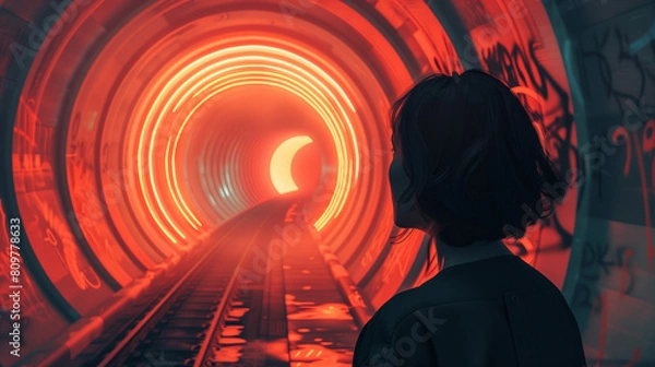 Fototapeta Woman standing in illuminated tunnel with graffiti.