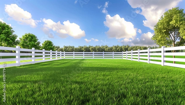 Fototapeta empty field with a white fence and trees in the background