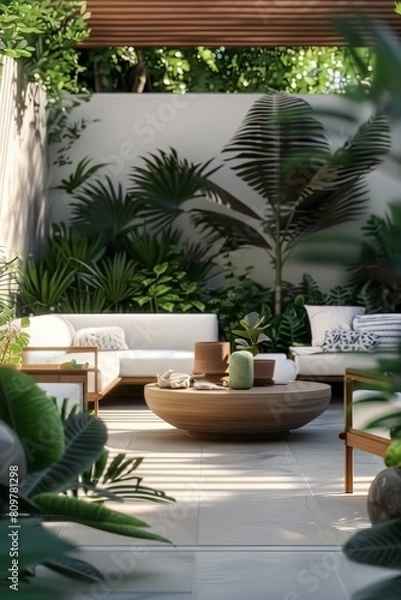 Fototapeta Modern outdoor living space, featuring green plants and wooden furniture