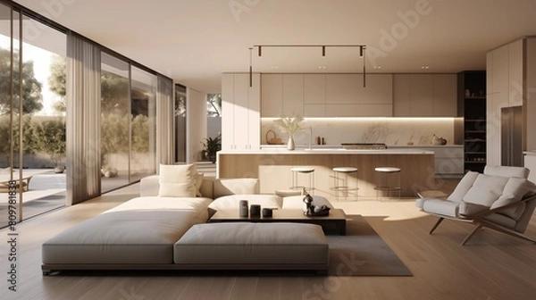 Fototapeta A modern minimalist home interior design with clean lines, sleek furniture, and neutral color palette, featuring an open-concept living space connected to a spacious kitchen, bathed in natural light.