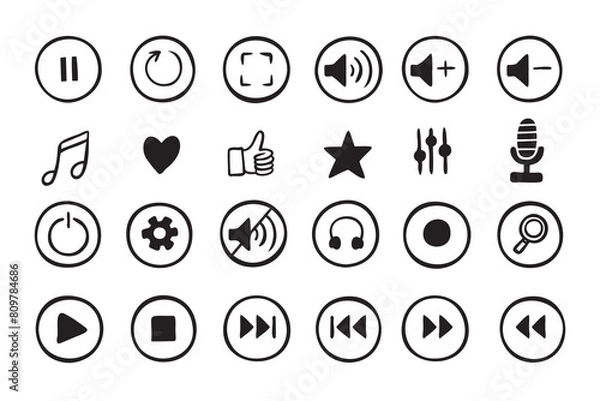 Fototapeta Doodle hand drawn music icons set. Sketch style buttons. Media player elements.