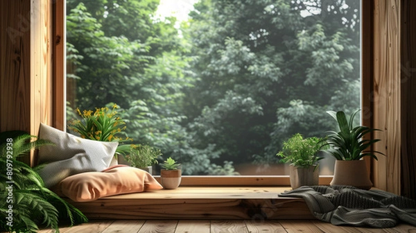 Obraz person relaxing in the garden. Tranquil Wooden Windowsill Retreat: Relaxation Area with Cozy Cushions and Greenery - Perfect for Home Interior Inspiration