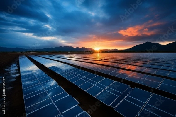 Fototapeta Dramatic clouds loom over a solar panel array as the sun sets behind mountains