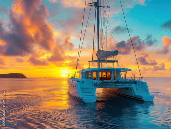 Fototapeta Indulge in the ultimate luxury of a sailing vacation. Enjoy breathtaking sunsets and a peaceful yachting holiday. Relax on the catamaran net and embrace the pristine white deck. 