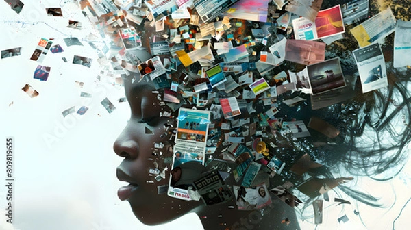 Obraz African woman's head bursting with information data, symbolizing the overwhelming effects of media and social media addiction.powerful visual metaphor of social media addiction.