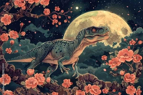 Fototapeta Graceful, hand drawn Trex among vibrant Sakura, vintage Japanese style, night scene with a bright moon, beautifully colored