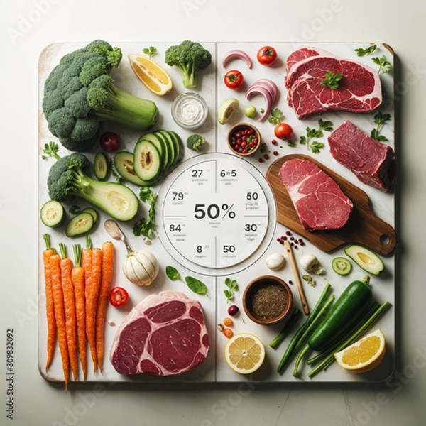 Fototapeta A balanced diet plate with various healthy foods including vegetables, fruits, meat, and dairy products. The plate is divided into sections showing the recommended proportions of different food groups