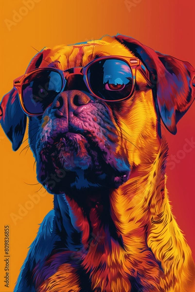 Fototapeta  The Profile of A Dog Wearing Stylish Sunglasses Against A Single-Color Background
