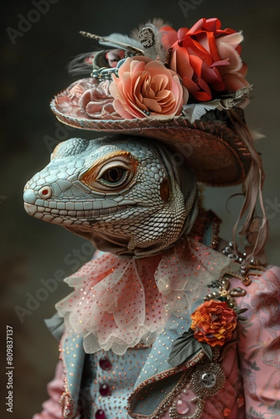 Fototapeta The Profile of A Lizard Dressed in Extravagant, Overly Ornate Attire Against A Single-Color Background