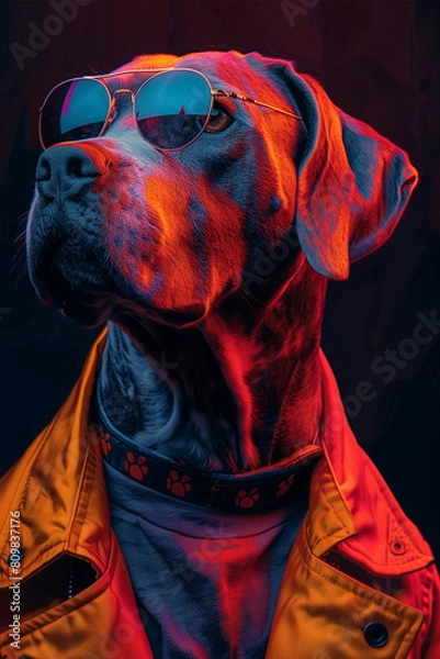 Fototapeta The Profile of A Dog Dressed in Grunge Attire and Sporting Sunglasses Against A Solid-Colored Background