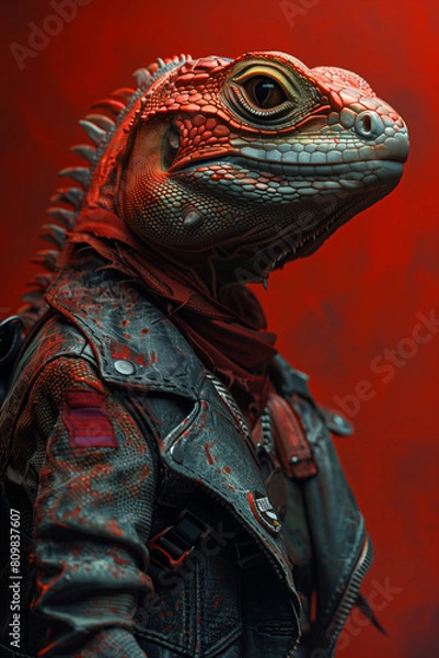 Fototapeta The Profile of A Lizard Dressed in Grunge Attire and Sporting Sunglasses Against A Solid-Colored Background