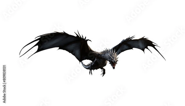 Fototapeta Black dragon in flight. Isolated transparent background PNG. Mythological winged beast flying. Attack pose. Majestic dragon with long wings in flight. Fierce expression. Sharp teeth.