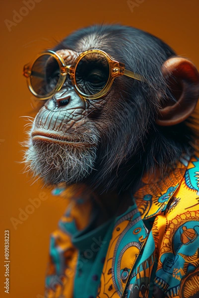 Fototapeta The Profile of A Monkey Wearing Sunglasses and A Brightly Colored T-shirt Against A Solid-Colored Background