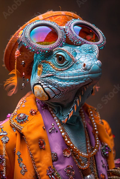 Fototapeta The Profile of A Lizard Dressed in Extravagant, Overly Ornate Attire Against A Single-Color Background