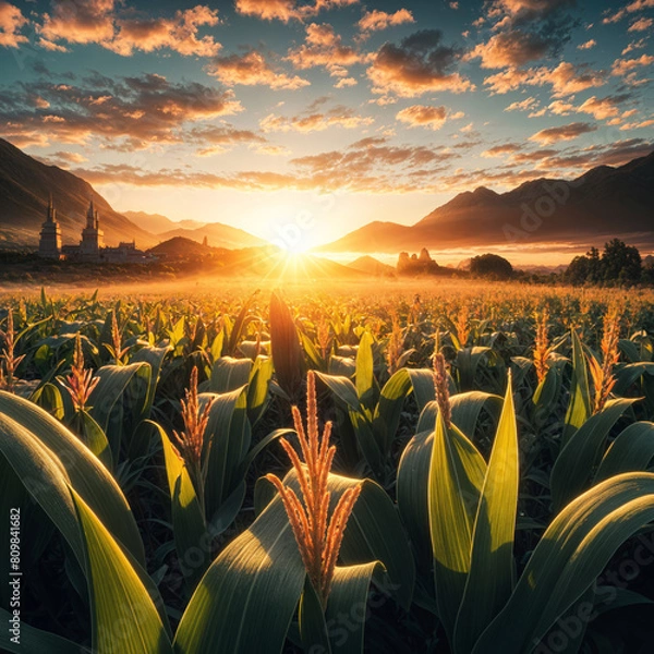 Fototapeta A lush green field of corn or maize plants in the foreground, with mountains in the background and a dramatic, colorful sunset. The sun is setting behind the mountains, casting a warm, golden glow ove