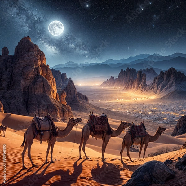 Fototapeta A group of camels walking through a desert landscape at night, with a full moon in the background. 
