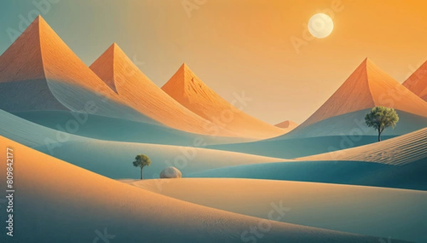 Fototapeta A serene landscape with a large sun setting over a lake surrounded by mountains. The foreground features vibrant orange and yellow vegetation, creating a warm and tranquil atmosphere