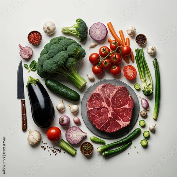 Obraz Assortment of fresh vegetables and raw meat on a white background, including broccoli, tomatoes, carrots, onions, garlic and a slab of red meat