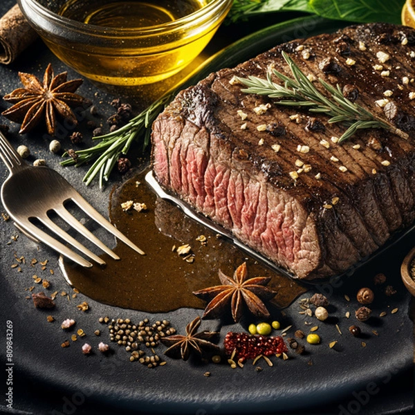 Fototapeta A medium-rare grilled steak on a dark plate, surrounded by various spices and herbs such as rosemary, peppercorns, and star anise, with a glass of amber-colored liquid, likely whiskey or brandy also p