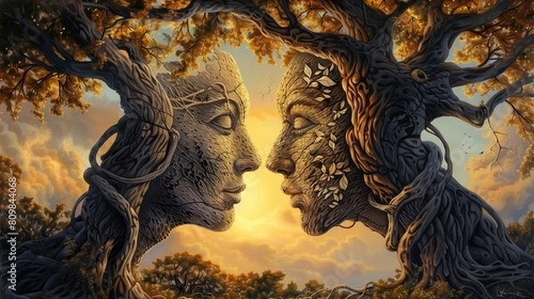 Fototapeta This acrylic painting captures the profound connection and love between these natural beings, set against a vibrant sunset that bathes the scene in a warm,