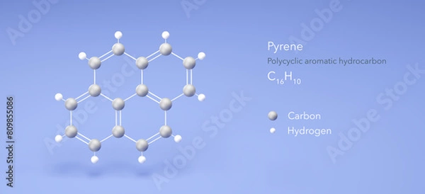 Fototapeta pyrene molecule, molecular structures, polycyclic aromatic hydrocarbon, 3d model, Structural Chemical Formula and Atoms with Color Coding
