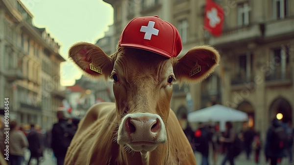 Fototapeta Close-up of a cow wearing a red Swiss cap in a bustling city square.

