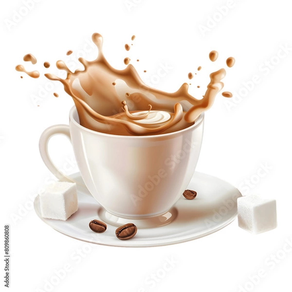 Fototapeta A cup of hot coffee with a splash of cream and a sugar cube on transparent background