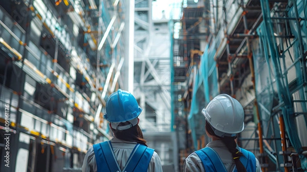 Fototapeta A female and male engineer in safety gear have a discussion while surrounded by a steel and concrete industrial environment