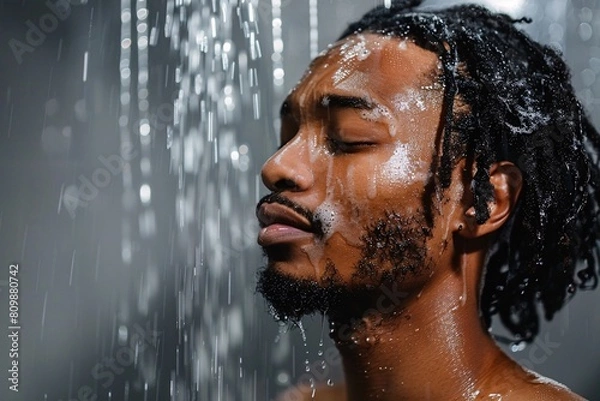 Fototapeta A man with eyes closed, enjoying the sensation of shampoo in his hair as he stands under the shower