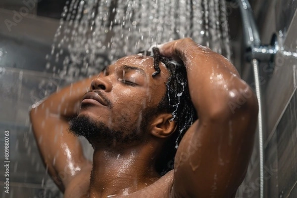 Fototapeta A man with eyes closed, enjoying the sensation of shampoo in his hair as he stands under the shower