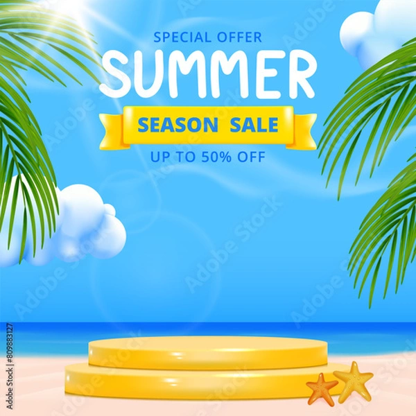 Fototapeta summer sale banner template with beach and sea water, palm leaves and blue sky with clouds.
