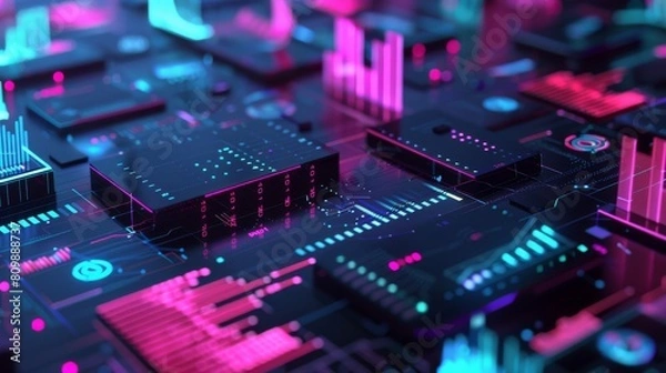 Obraz Close-up of a detailed neon circuit board with red and blue lighting. Futuristic digital display with glowing financial graphs and diagrams, abstract 3D illustration.