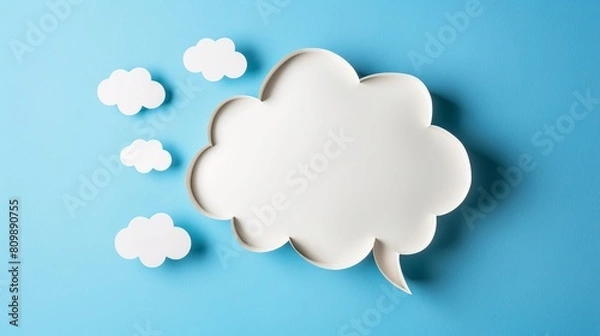 Fototapeta An empty white speech bubble for customization, handcrafted from cut-out paper set against a blue background, styled in a pop art and comic fashion