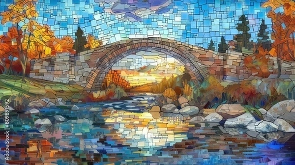 Fototapeta Mosaic. A bridge spans the river on a beautiful, sunny day, creating a Stained Glass Illusion amidst the surrounding nature.
