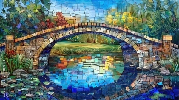 Fototapeta Mosaic. A bridge spans the river on a beautiful, sunny day, creating a Stained Glass Illusion amidst the surrounding nature.
