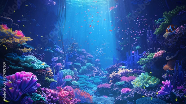 Fototapeta A colorful underwater scene with a variety of fish and coral. Cartoon style. 