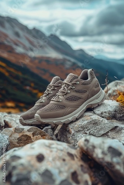 Fototapeta Outdoor sneakers placed on rocks in the mountains