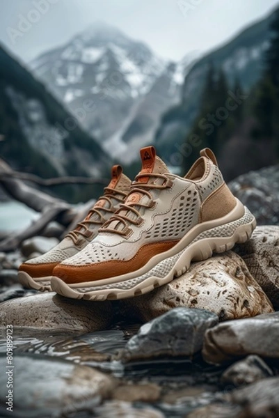 Obraz Outdoor sneakers placed on rocks in the mountains