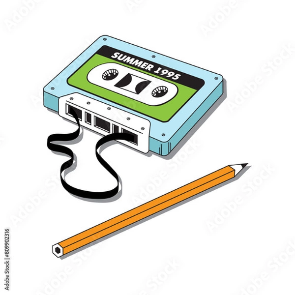 Fototapeta Magnetic audio cassette for recording music from the 90s. Music from the 90s. Vector illustration.