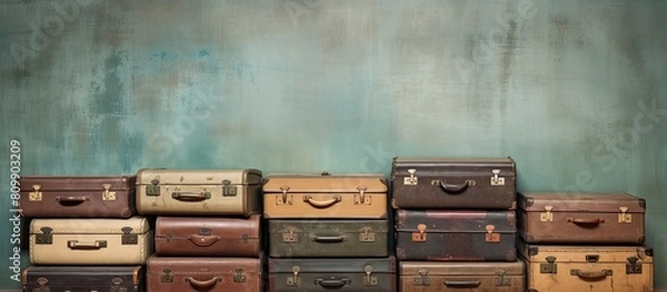 Fototapeta Copy space image of vintage suitcases positioned against a background or texture featuring a metal wall