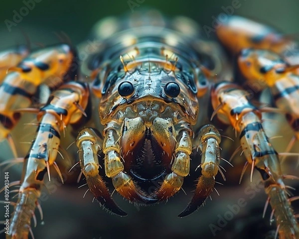 Fototapeta The closeup of a centipedes head reveals its many pairs of sharp mandibles and sensory appendages, high resolution DSLR