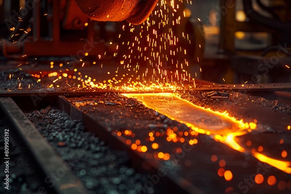 Fototapeta Glowing red hot iron being cast in an industrial foundry, a close-up on the power of transformation in metalwork 