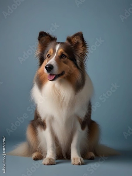 Fototapeta A Shetland Sheepdog is sitting on a light blue background and looking ahead. AI generated image
