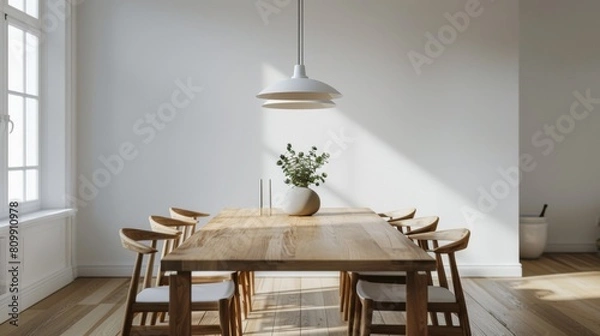 Fototapeta A minimalist dining room with a simple wooden table, modern chairs, and a statement pendant light, perfect for intimate gatherings.