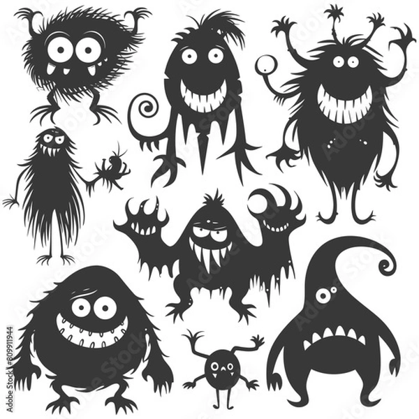 Fototapeta Silhouette funny monsters collection set black color only