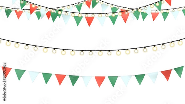 Obraz Christmas party decoration triangle party flags and stings of light bulbs, realistic illustration, green, white and red_ transparent background style B