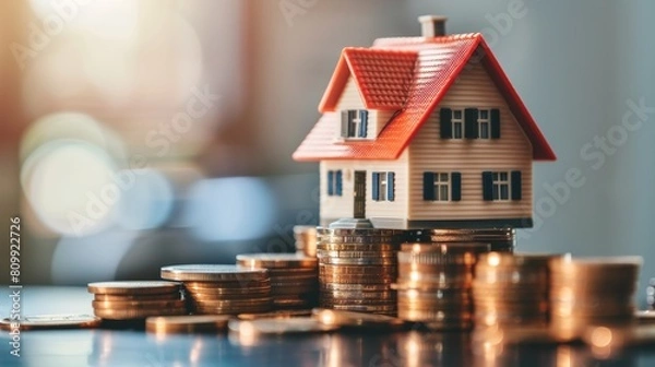 Fototapeta Stack of coins with small model house on the top of them