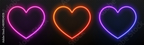 Obraz Neon light in the shape of a heart. Led glow for love and Valentine day. 3D laser frame with gradient. Lamp border elements for design with text.