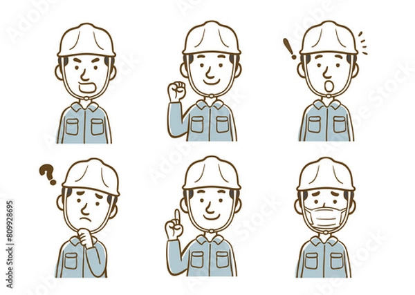 Fototapeta 作業服を着た若い男性の表情セット（線画）